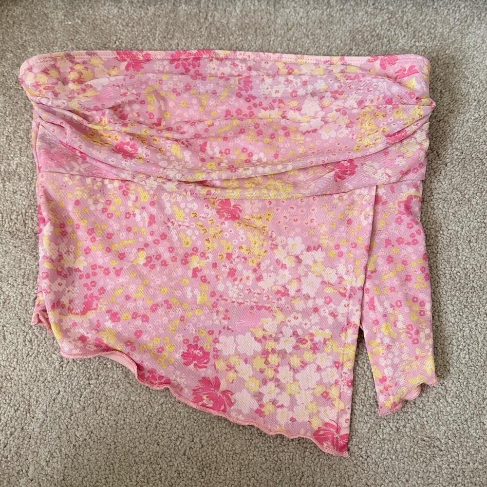 Y2K Tube Top SHEIN Pink Floral Strapless Tube Top Frills Slit Size L - Picture 3 of 5